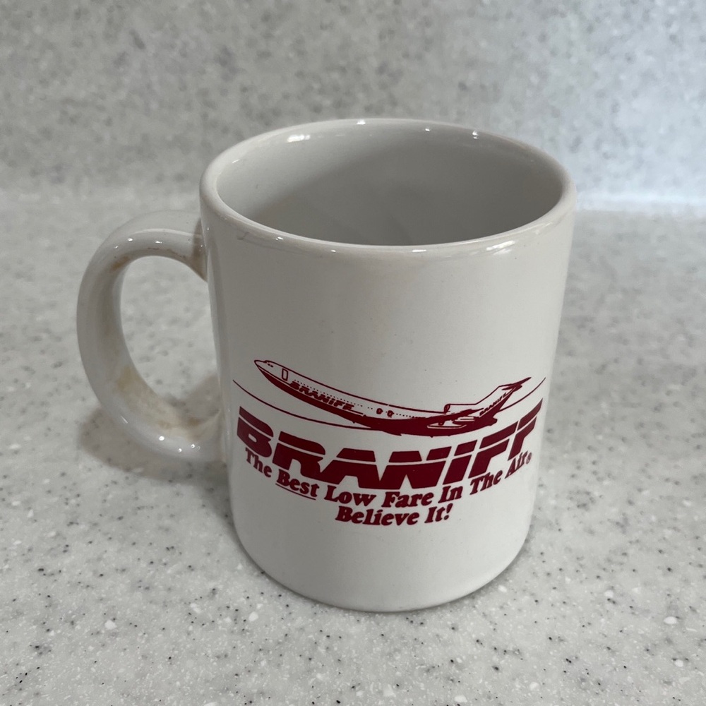 Vtg BRANIFF AIRLINES 1987 Coffee Cup Mug Inaugural St. Louis Flight